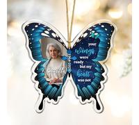 Custom Hanging Christmas Ornament with Photo, Personalized Memorial Bereavement Gift, Condolence Butterfly Ornaments Loss of Loved Ones, Father, Mother, Friend, Family Remembrance Gifts (Blue)