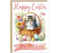 Custom Happy Easter Card with Adorable Cats in a Basket - Personalised Add Own Name for Cat Lovers Grandma Nanna Mummy - A5 Happy Easter Greeting Cards (Design 1)