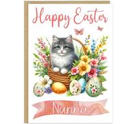 Custom Happy Easter Card with Adorable Cats in a Basket - Personalised Add Own Name for Cat Lovers Grandma Nanna Mummy - A5 Happy Easter Greeting Cards (Design 2)