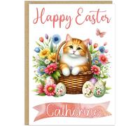 Custom Happy Easter Card with Adorable Cats in a Basket - Personalised Add Own Name for Cat Lovers Grandma Nanna Mummy - A5 Happy Easter Greeting Cards (Design 6)