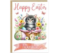 Custom Happy Easter Card with Adorable Cats in a Basket - Personalised Add Own Name for Cat Lovers Grandma Nanna Mummy - A5 Happy Easter Greeting Cards (Design 9)
