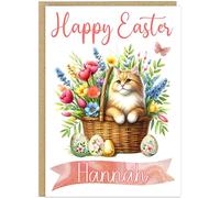 Custom Happy Easter Card with Adorable Cats in a Basket - Personalised Add Own Name for Cat Lovers Grandma Nanna Mummy - A5 Happy Easter Greeting Cards (Design 5)