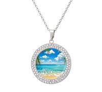 Custom Hawaiian Beach Picture Necklace Personalized Circle Chain Pendant Gold/Silver Photo Dog Tag Keepsake Necklaces Hip Hop Memorial Jewelry Gifts for Men Women, One Size, Titanium Steel, Rhinestone