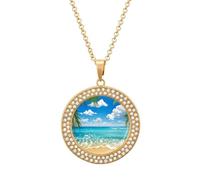 Custom Hawaiian Beach Picture Necklace Personalized Circle Chain Pendant Gold/Silver Photo Dog Tag Keepsake Necklaces Hip Hop Memorial Jewelry Gifts for Men Women, One Size, Titanium Steel, Rhinestone