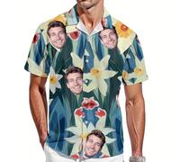 Custom Hawaiian Shirt with Face for Men Women Personalized Funny Mens Hawaiian Shirts Button Down with Photo Picture Short Sleeve Tropical Aloha Flamingo Beach Shirts Gifts for Boyfriend Husband