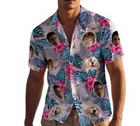 Custom Hawaiian Shirt with Face for Men Women Personalized Funny Mens Hawaiian Shirts Button Down with Photo Picture Short Sleeve Tropical Aloha Flamingo Beach Shirts Gifts for Boyfriend Husband