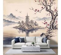 Custom Hills Pagoda Cherry Blossoms Mural Wallpaper, Modern 3D Effect Backdrop Wall Art Murals, Non-Woven Japanese Ink Watercolor Island Mural, Wallpaper Photo for Living Room 400 x 280 cm