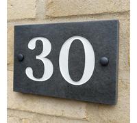 Custom House Number Plaque 15cm x 10cm Deeply Engraved Personalised Name Sign for Front Door of Home or Garden Gate White Enamel on Grey Slate Stone Weatherproof Outdoor One Two or Three Digit