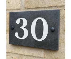 Custom House Number Plaque 15cm x 10cm Deeply Engraved Personalised Name Sign for Front Door of Home or Garden Gate White Enamel on Grey Slate Stone Weatherproof Outdoor One Two or Three Digit