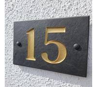 Custom House Number Plaque 15cm x 10cm in Grey Slate Stone Deeply Engraved Gold Enamel Finish Personalised Name Sign Weatherproof Outdoor Plaque for Front Door Home or Garden Gate One Two Three Digit