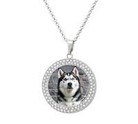 Custom Husky Dog Picture Necklace Personalized Circle Chain Pendant Gold/Silver Photo Dog Tag Keepsake Necklaces Hip Hop Memorial Jewelry Gifts for Men Women, One size, Titanium Steel, Rhinestone