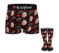Custom I LOVE MY GIRLFRIEND Men's Boxer Briefs Socks Set Personalised Photo Face Novelty Boxer Briefs Customized Underwear Boxers Underpants Valentines Day Gifts for Boyfriend Husband Hubby Size-M