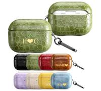 Custom Initial Leather Case for AirPods 4 3 Pro 2 1 Gen Personalized Name Letters, Luxury Crocodile Leather Cover with Carabiner Keychain, Customized Gift for Birthday Anniversary