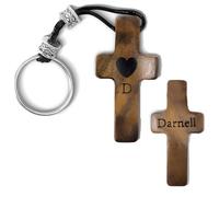 Custom Initial Name Walnut Wooden Cross Keychain Personalized Cross Key Chain Religious Gifts for Men Small Wooden Crosses Mens Keychain Accessories Catholic Key Chains for Car Keys Bag Cross Keyring
