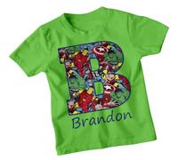 Custom Initial T-Shirt with Cartoon Character Inspired Collage Design Personalized Name Shirt for Boys Unique Gift for Birthdays, Holidays, or Everyday Wear #TA-195 7-8 Years Lime