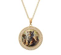 Custom Jungle Animals Picture Necklace Personalized Circle Chain Pendant Gold/Silver Photo Dog Tag Keepsake Necklaces Hip Hop Memorial Jewelry Gifts for Men Women, One Size, Titanium Steel, Rhinestone
