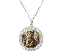 Custom Jungle Animals Picture Necklace Personalized Circle Chain Pendant Gold/Silver Photo Dog Tag Keepsake Necklaces Hip Hop Memorial Jewelry Gifts for Men Women, One Size, Titanium Steel, Rhinestone