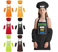 Custom Kids Chef Hat and Apron, Personalised Apron Kids with Name, Funny Kids Apron with Pocket, Children's Aprons for Cooking Painting Baking, Kid Chef Outfit Set of 3 (Black)