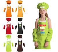 Custom Kids Chef Hat and Apron, Personalised Apron Kids with Name, Funny Kids Apron with Pocket, Children's Aprons for Cooking Painting Baking, Kid Chef Outfit Set of 3 (Green)