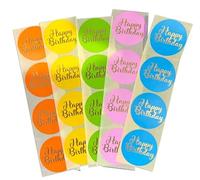 Custom Label Design Ltd Colourful Happy Birthday Stickers - 60 Pack 38mm Round Labels with Shiny Gold Print - Blue Pink Green Yellow Orange - Party Favours for Gift Bags & Decorations