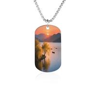 Custom Lakeside Dusk Weeping Willows Dog Tag Necklace 23.6" Chain Personalized Photo Pendant for Men Women Stainless Steel Memorial Picture Couple Necklace Jewelry Keepsake Bereavement Sympathy Gifts