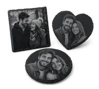 Custom Laser Engraved Slate Photo Coaster - Personalised Slate Coaster with Photo, Logo or Text - Available in Square, Round or Heart Shape - Gift for Couples, Family & Home (4, Square)