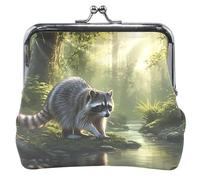 Custom Leather Coin Pouch Women Girl Kiss Lock Raccoon River Green Forest Money Change Pouch Girls, Raccoon River Green Forest, Classic