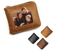 Custom Leather Photo Wallet, Personalized Picture Printing Wallets, DIY Photos Wallet, Customised Short Zipper Style Wallets for Father's Day, Christmas, Birthday Gifts (Light Brown)