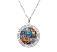 Custom License Plate Picture Necklace Personalized Circle Chain Pendant Gold/Silver Photo Dog Tag Keepsake Necklaces Hip Hop Memorial Jewelry Gifts for Men Women, One Size, Titanium Steel, Rhinestone