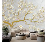 Custom Light Gray Wall Murals, Non-Woven Elegant Marble Floral Chinese Mural Wallpaper - Large Photo Wallpaper for Living Room Bedroom Kitchen Hallway Office Kids, W 450 x H 315 cm
