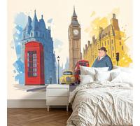 Custom London Street Scene Mural Wallpaper, Modern 3D Effect Backdrop Wall Art Murals, Non-Woven British Street Big Ben Mural, Wallpaper Photo for Living Room Home Decoration 150 x 105 cm