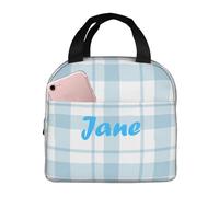 Custom Lunch Bag Plaid Blue Check Personalized Insulated Lunch Box with Name Reusable Cooler Tote for Adults Student Girl Boy Work Office School Picnic Over 3 Years Old
