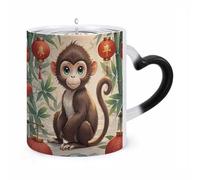 Custom Magic Chinese Style Monkey Color Changing Mug 11 Oz Heat Sensitive Ceramic Coffee Cup Black Mug Reveals Fun Secret Design with Heat Christmas Birthday Gift for Coffee Lovers Women
