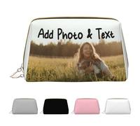 Custom Makeup Bag Add Your Photo Text Personalised Leather Cosmetic Bag Waterproof Portable Customised Travel Pouch Organizer witn Logo Name Birthday Gifts for Women, Mum, 21x13.5cm