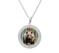 Custom Mama Bear Picture Necklace Personalized Circle Chain Pendant Gold/Silver Photo Dog Tag Keepsake Necklaces Hip Hop Memorial Jewelry Gifts for Men Women, One size, Titanium Steel, Rhinestone
