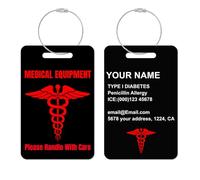 Custom Medical Alert Luggage Tag, Medical Equipment Inside Tags, Personalized Stainless Steel Travel Tags and Identifiers for Bag Suitcases, ID Name Medic Info (Equipment, 2.13"x3.13")