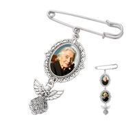 Custom Memorial Pin Brooch With Angel Charm, Ersonalized Wedding Bride Groom Bouquet Charms Photo Pendant, Silver Oval Filigree Frame, Students Father Mother Customizable Keepsake Gift