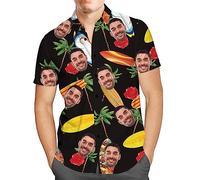 Custom Mens Hawaiian Shirt with Face Personalised Photo Tropical Floral Aloha Beach Shirt Funny Gifts for Men Husband Bf Dad Black