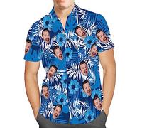 Custom Mens Hawaiian Shirt with Face Personalised Photo Tropical Floral Aloha Beach Shirt Funny Gifts for Men Husband Bf Dad Sky Blue