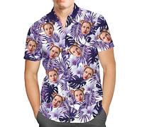 Custom Mens Hawaiian Shirt with Face Personalised Photo Tropical Floral Aloha Beach Shirt Funny Gifts for Men Husband Bf Dad Purple