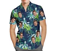 Custom Mens Hawaiian Shirt with Face Personalised Photo Tropical Floral Aloha Beach Shirt Funny Gifts for Men Husband Bf Dad Blue-Green