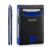 Custom Mens Slim Wallet with Money Clip Personalized Name Initials RFID Blocking Bifold Credit Card Holder Customized Front Pocket Genuine Leather Wallet Gift for Dad Boyfriend Husband Family, Black