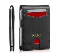 Custom Mens Slim Wallet with Money Clip Personalized Name Initials RFID Blocking Bifold Credit Card Holder Customized Front Pocket Genuine Leather Wallet Gift for Dad Boyfriend Husband Family, Black