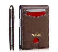 Custom Mens Slim Wallet with Money Clip Personalized Name Initials RFID Blocking Bifold Credit Card Holder Customized Front Pocket Genuine Leather Wallet Gift for Dad Boyfriend Husband Family, Black