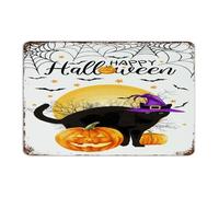 Custom Metal Signs Outdoor Happy Halloween Black Cat Witch Hat Home Décor Aluminum Tin Signs for Dorm Entryway Garage Wicca Wiccan Witchcraft Witch Art Poster Gift for Terrace 8x12 Inch