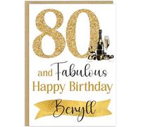 Custom Milestone Birthday For Her Cards - 30th 40th 50th 60th 70th 80th 90th & Fabulous! Add Own Name Gold Champagne Happy Birthday Female Greeting Cards (80th)