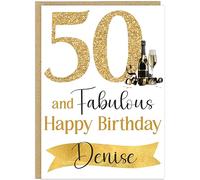 Custom Milestone Birthday For Her Cards - 30th 40th 50th 60th 70th 80th 90th & Fabulous! Add Own Name Gold Champagne Happy Birthday Female Greeting Cards (50th)