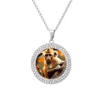 Custom Monkey on Tree Picture Necklace Personalized Circle Chain Pendant Gold/Silver Photo Dog Tag Keepsake Necklaces Hip Hop Memorial Jewelry Gifts for Men Women, One size, Titanium Steel, Rhinestone