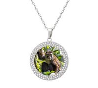 Custom Monkey Picture Necklace Personalized Circle Chain Pendant Gold/Silver Photo Dog Tag Keepsake Necklaces Hip Hop Memorial Jewelry Gifts for Men Women, One size, Titanium Steel, Rhinestone