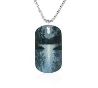 Custom Moonlight on A Quiet Lake Dog Tag Necklace 23.6" Chain Personalized Photo Pendant for Men Women Stainless Steel Memorial Picture Couple Necklace Jewelry Keepsake Bereavement Sympathy Gifts